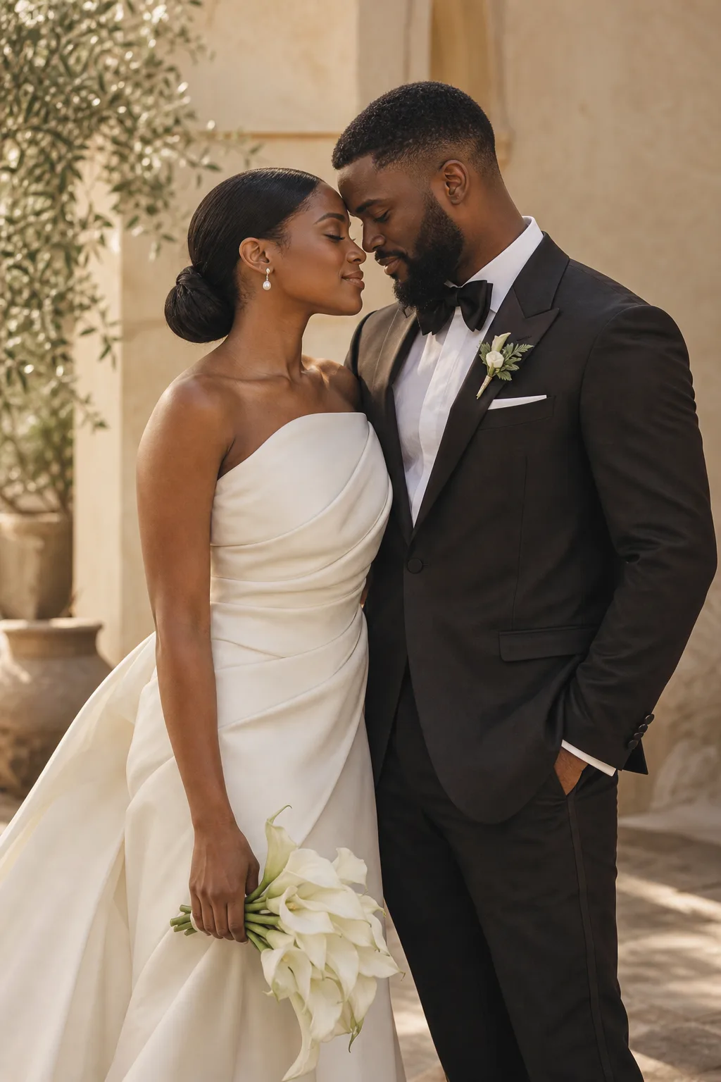 Temi and Dele together in warm courtyard light, fictional sample photograph