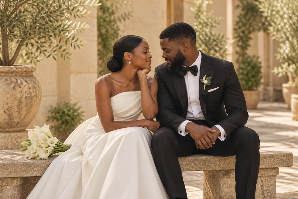 Temi and Dele talking on a stone bench, fictional sample photograph