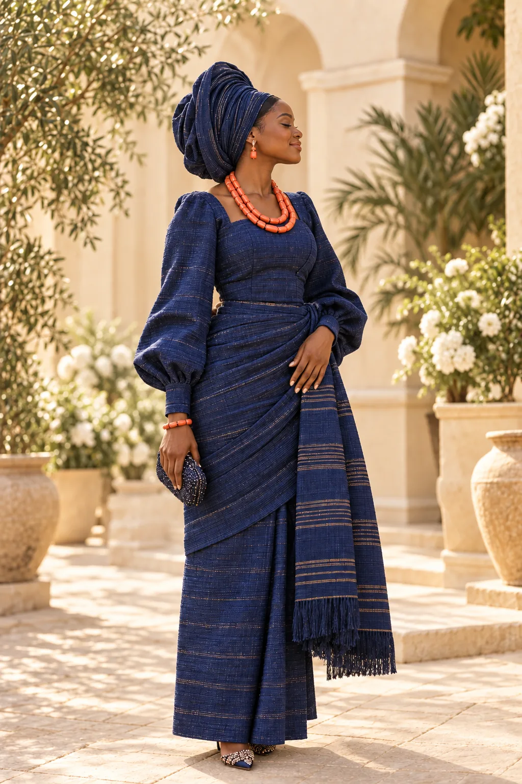 Ifeoma in an indigo gele, fictional sample photograph