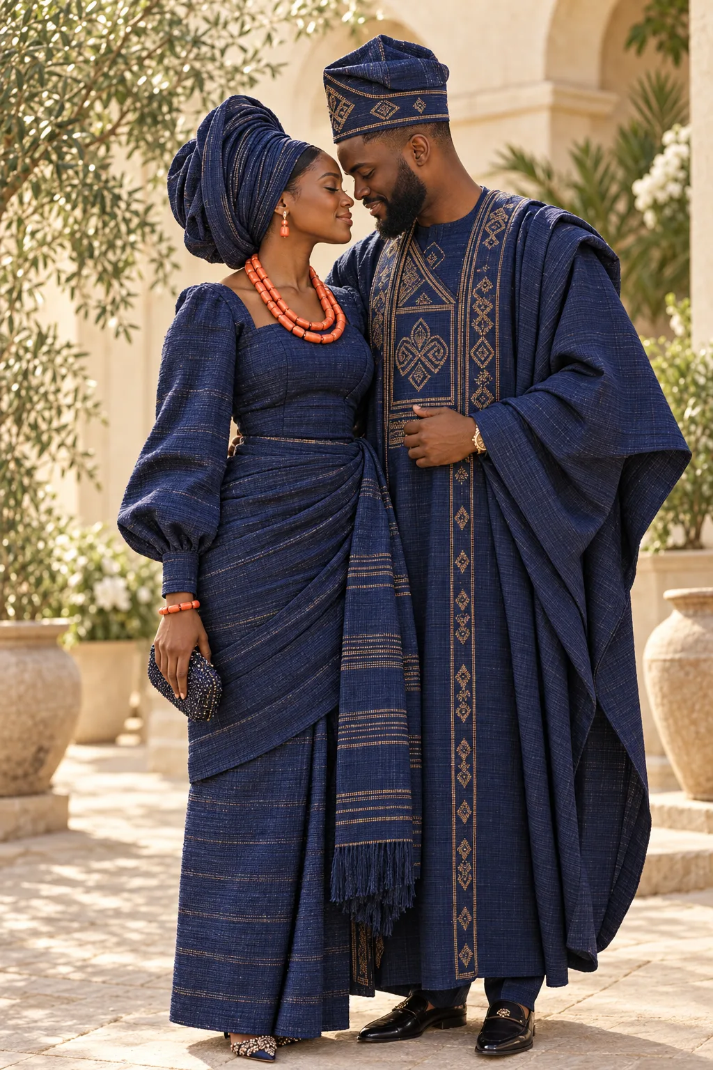 Ifeoma and Kachi in indigo traditional attire, fictional sample photograph