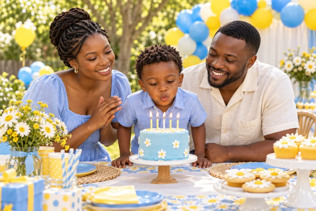 Nnamdi's family around the birthday table, fictional sample photograph