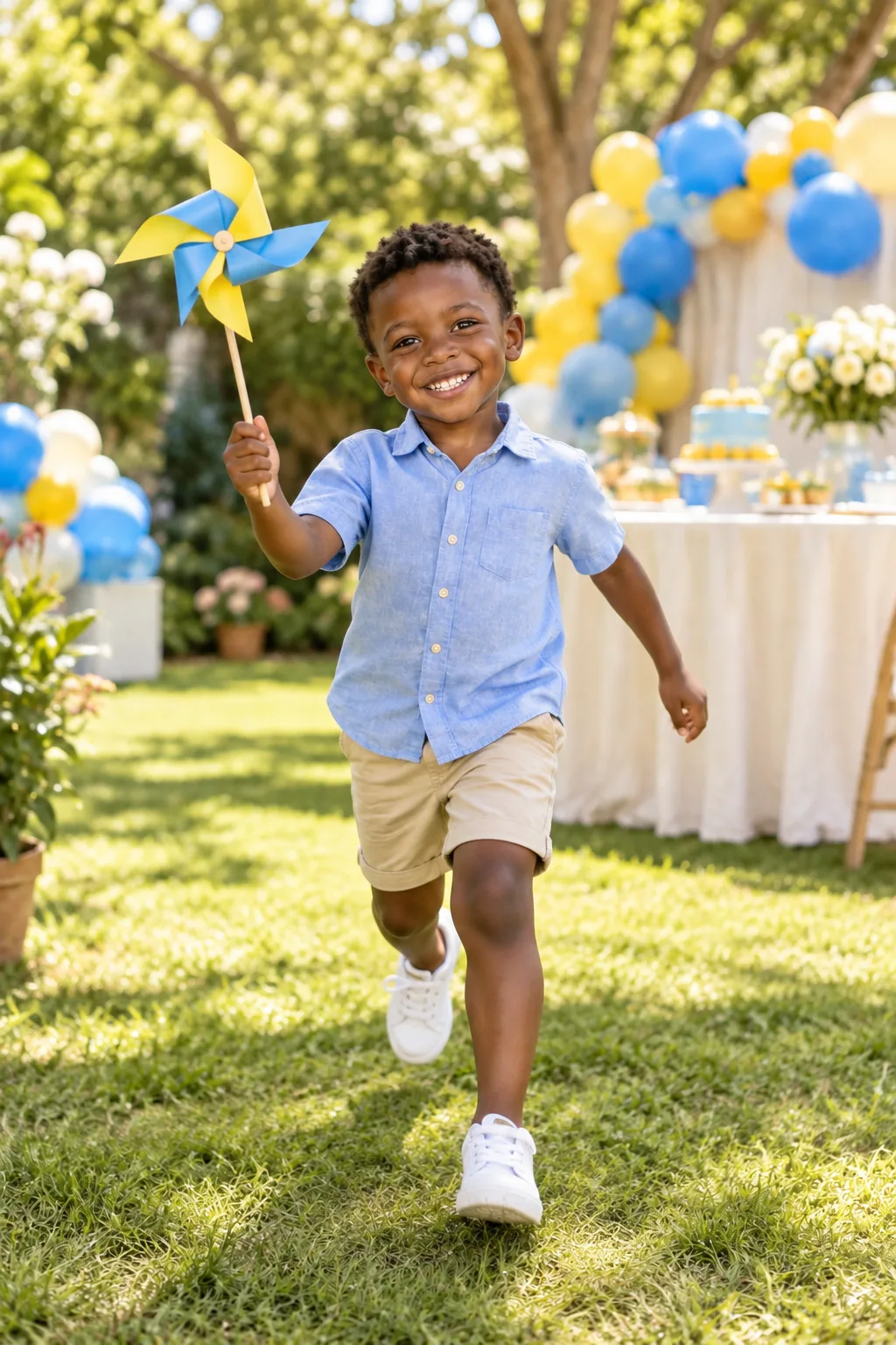 Nnamdi running with a pinwheel, fictional sample photograph