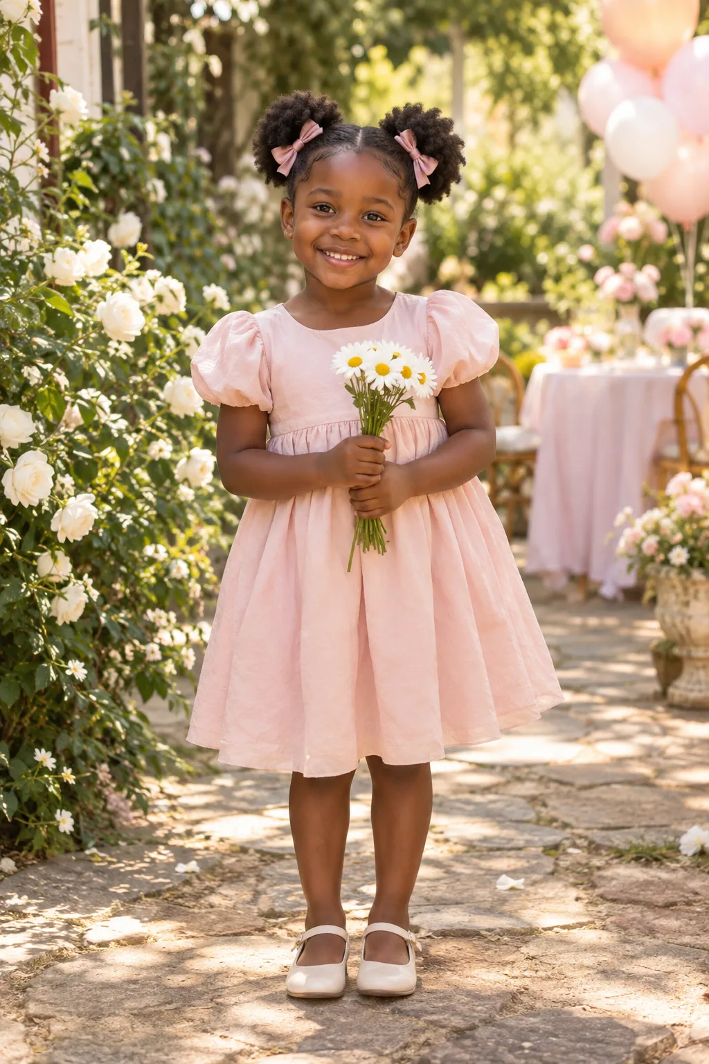 Dara smiling in a flower-print party dress, fictional sample photograph