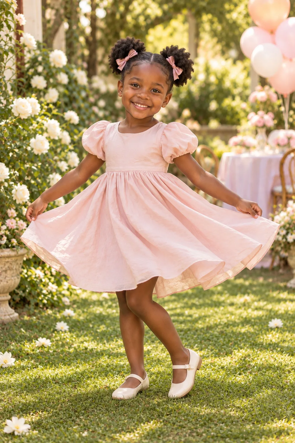 Dara twirling in the garden, fictional sample photograph