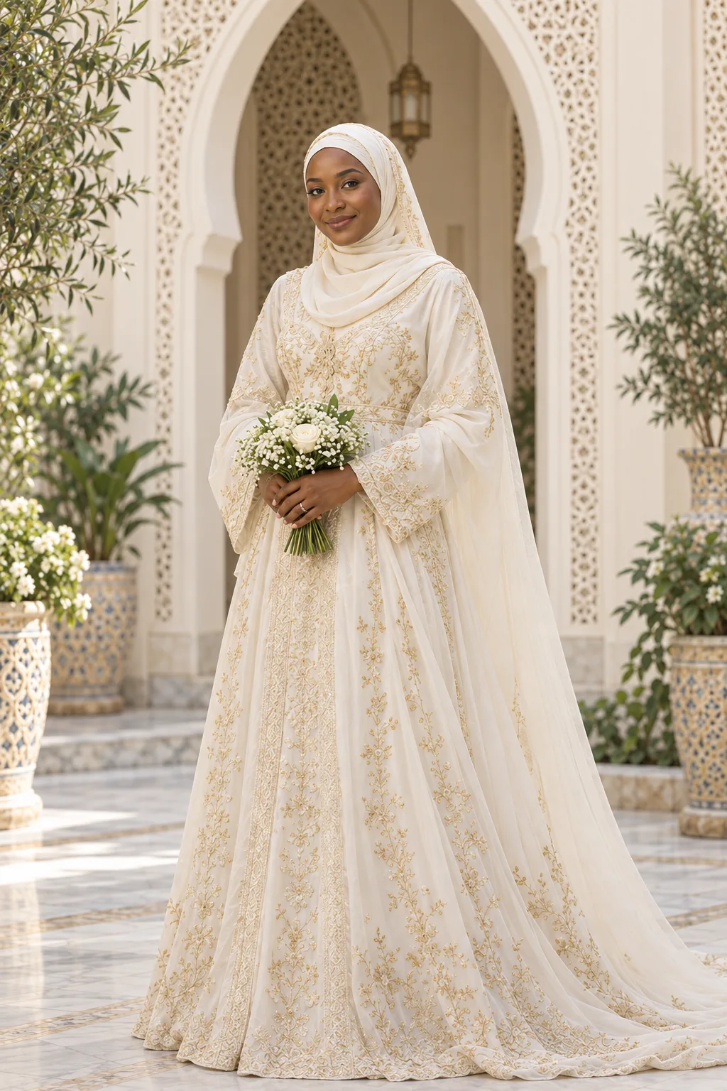 Zara in an ivory hijab and embroidered gown, fictional sample photograph