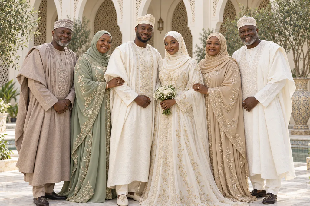 Hauwa and Yusuf with their families, fictional sample photograph