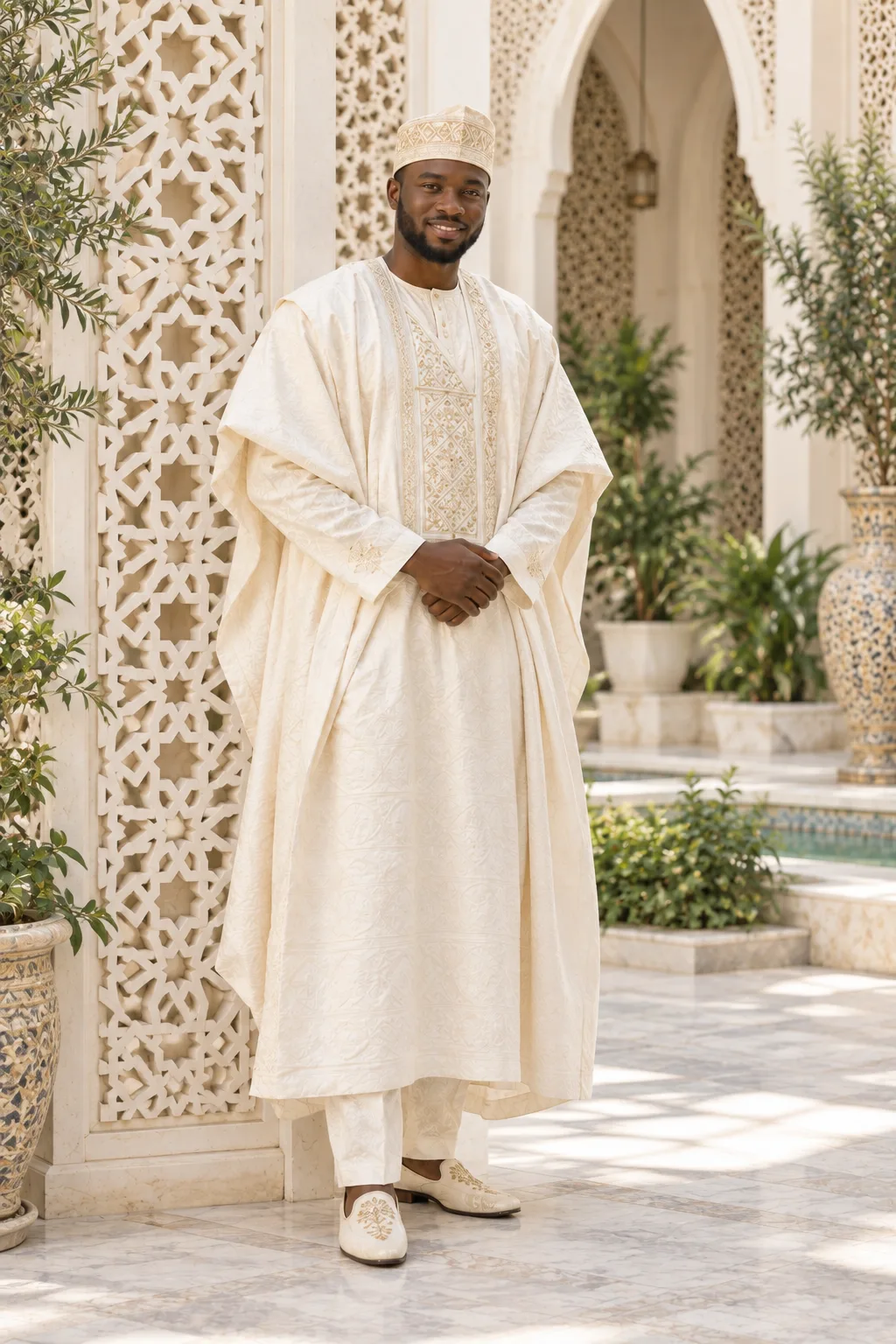 Ibrahim in an embroidered babban riga and cap, fictional sample photograph