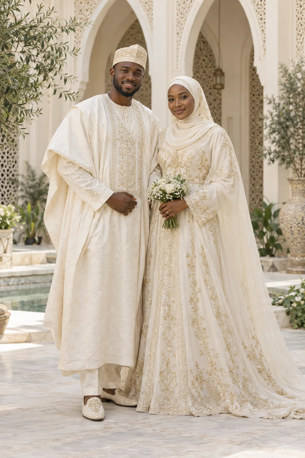 Hauwa and Yusuf in celebration attire, fictional sample photograph