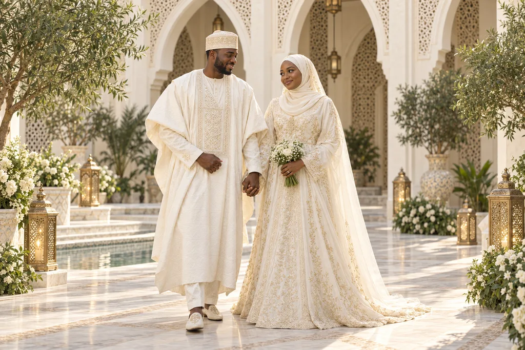 Hauwa and Yusuf walking together, fictional sample photograph
