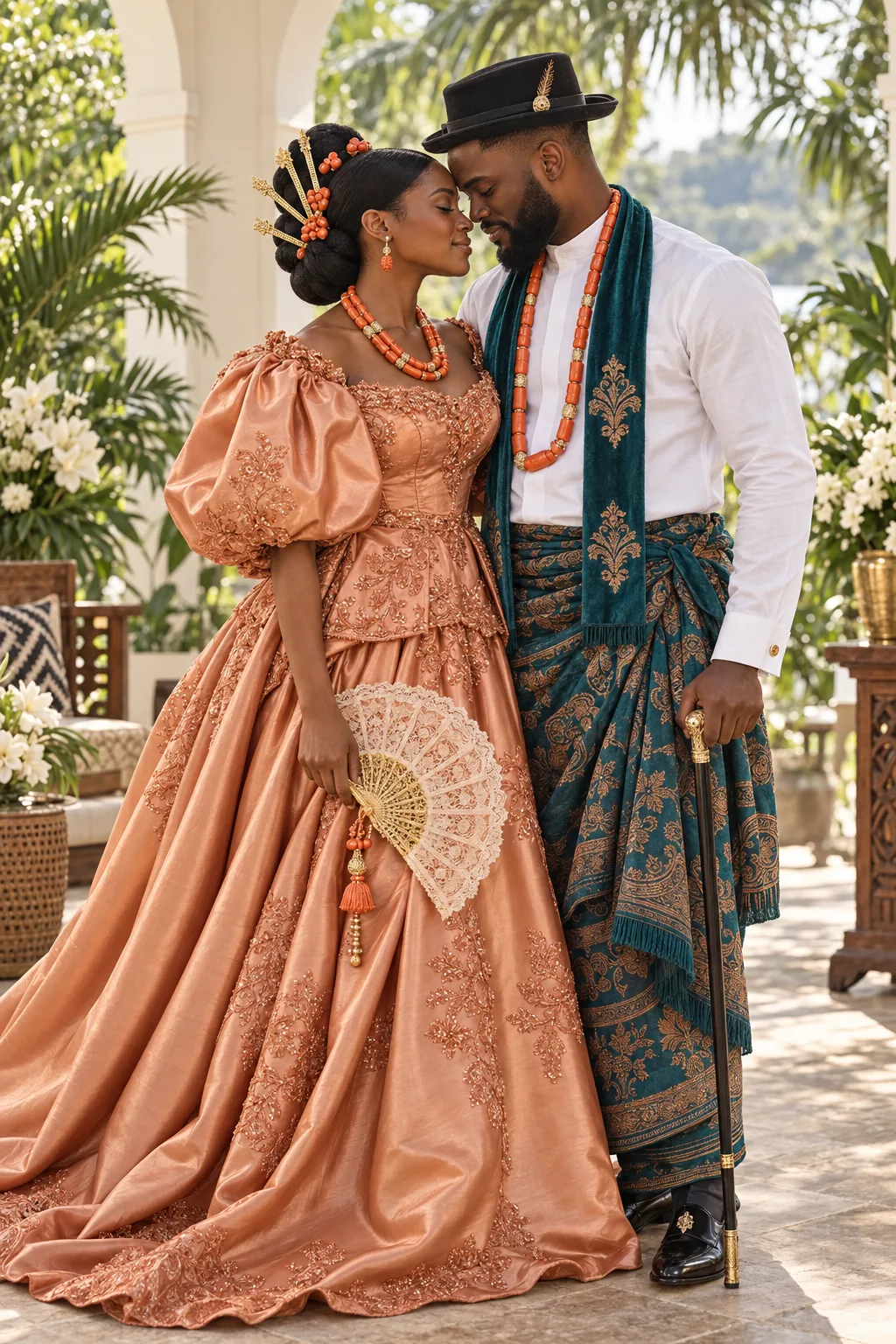 Emem and Eyo in lace and coral traditional attire, fictional sample photograph