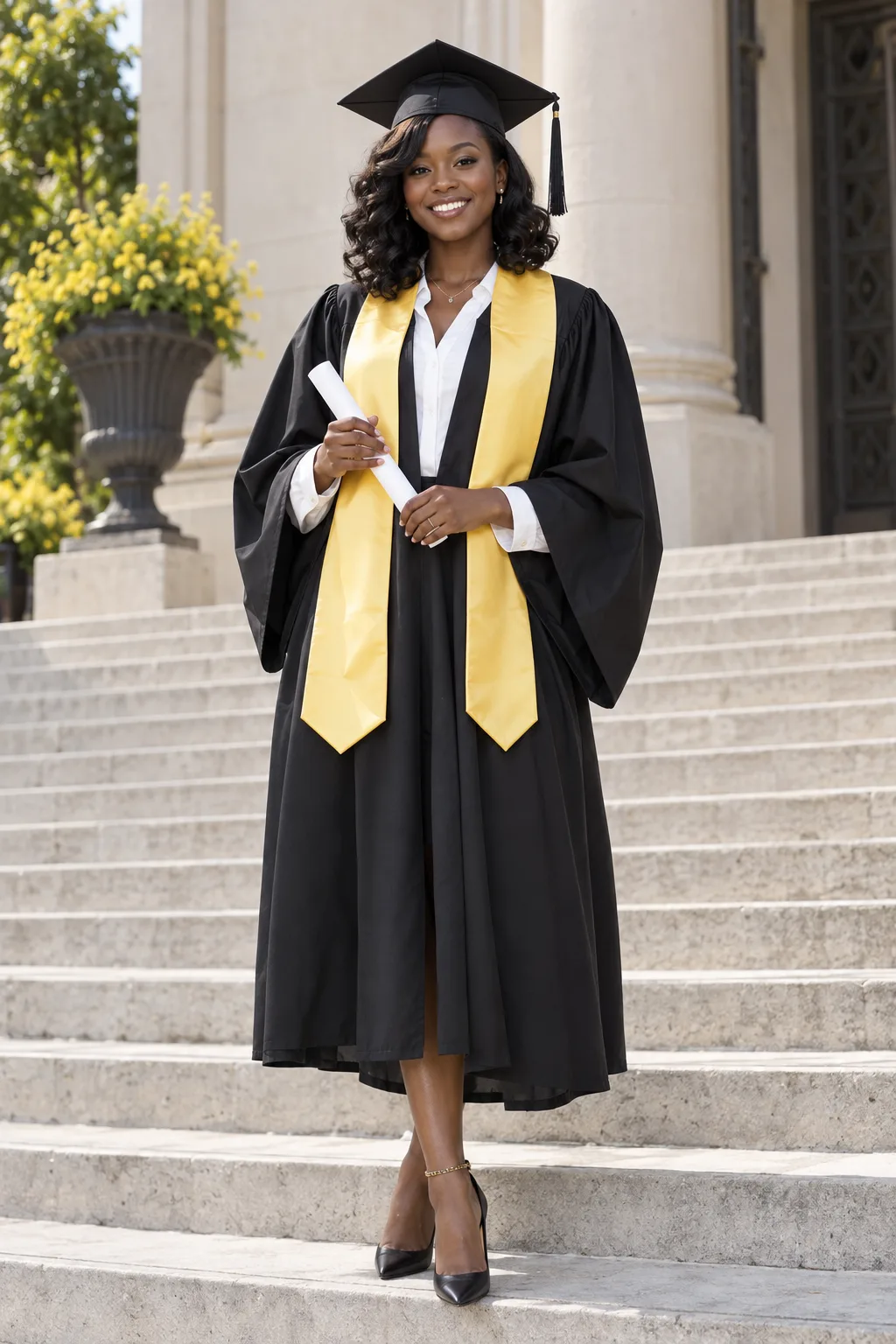 Debbie in her graduation gown and cap, fictional sample photograph