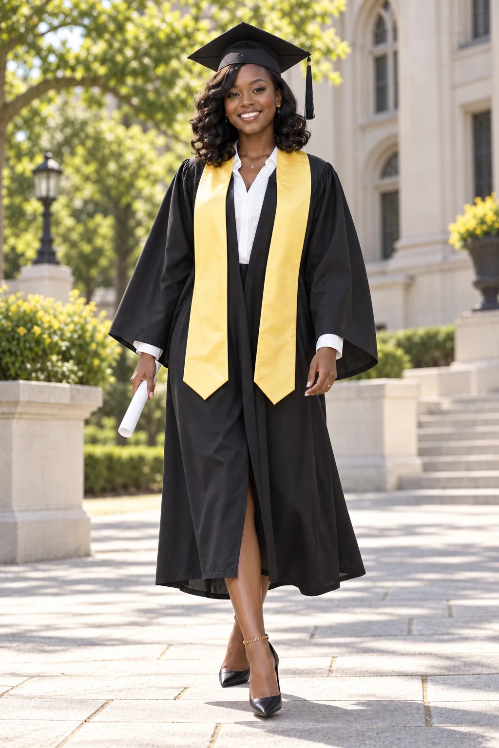 Debbie walking across campus, fictional sample photograph