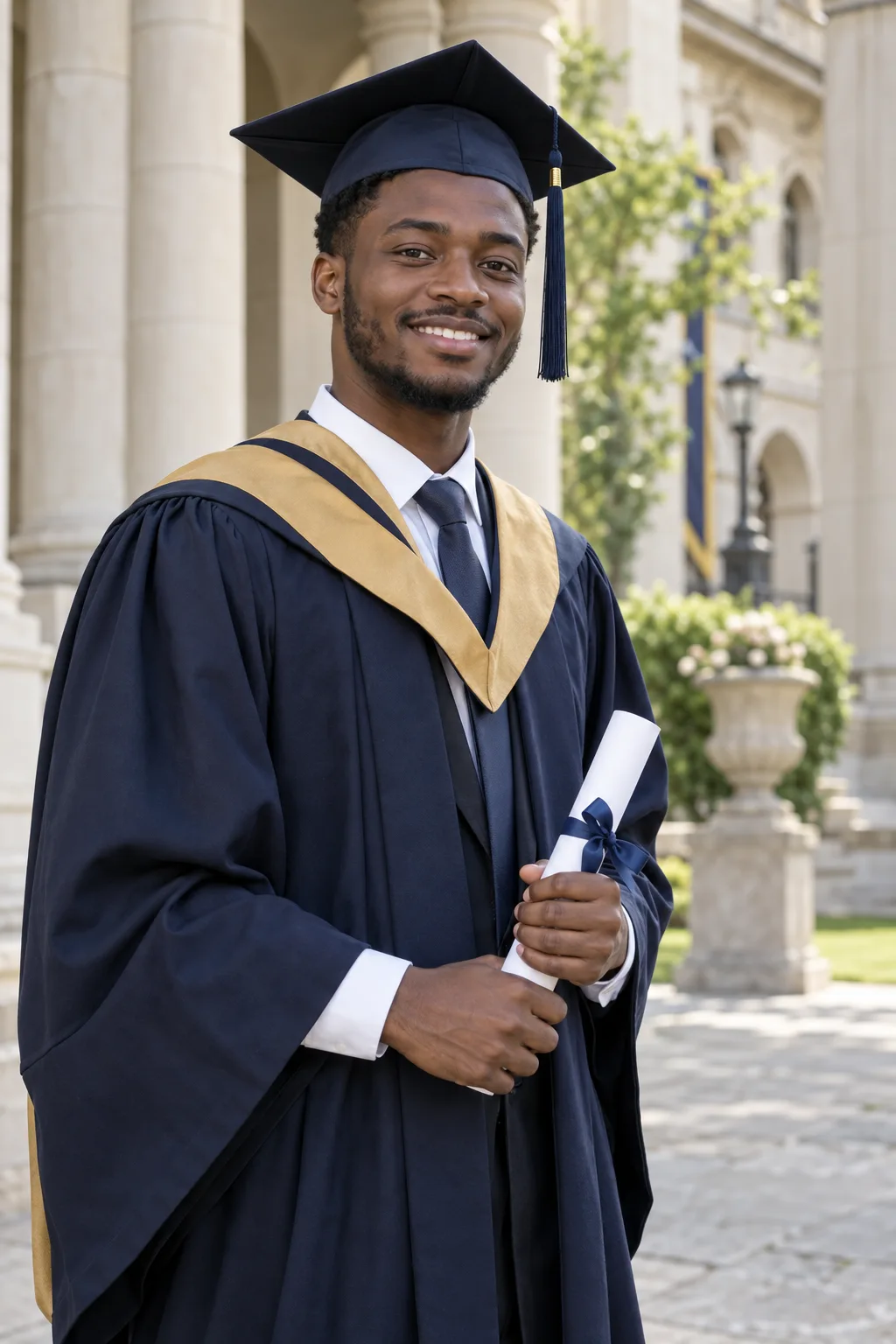 Oluwaseun in graduation gown and cap, fictional sample photograph