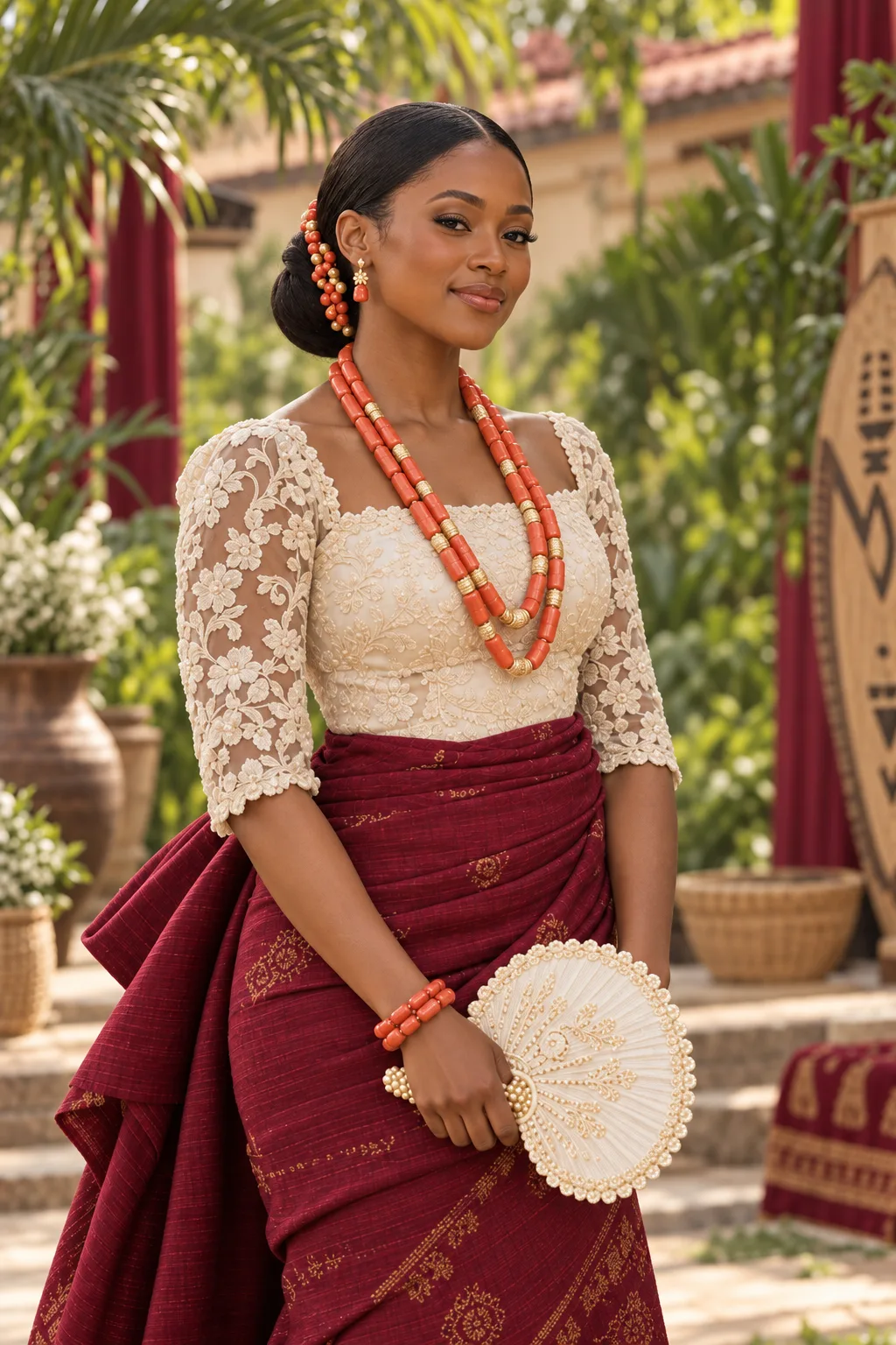 Ugochi in coral beads and celebration attire, fictional sample photograph