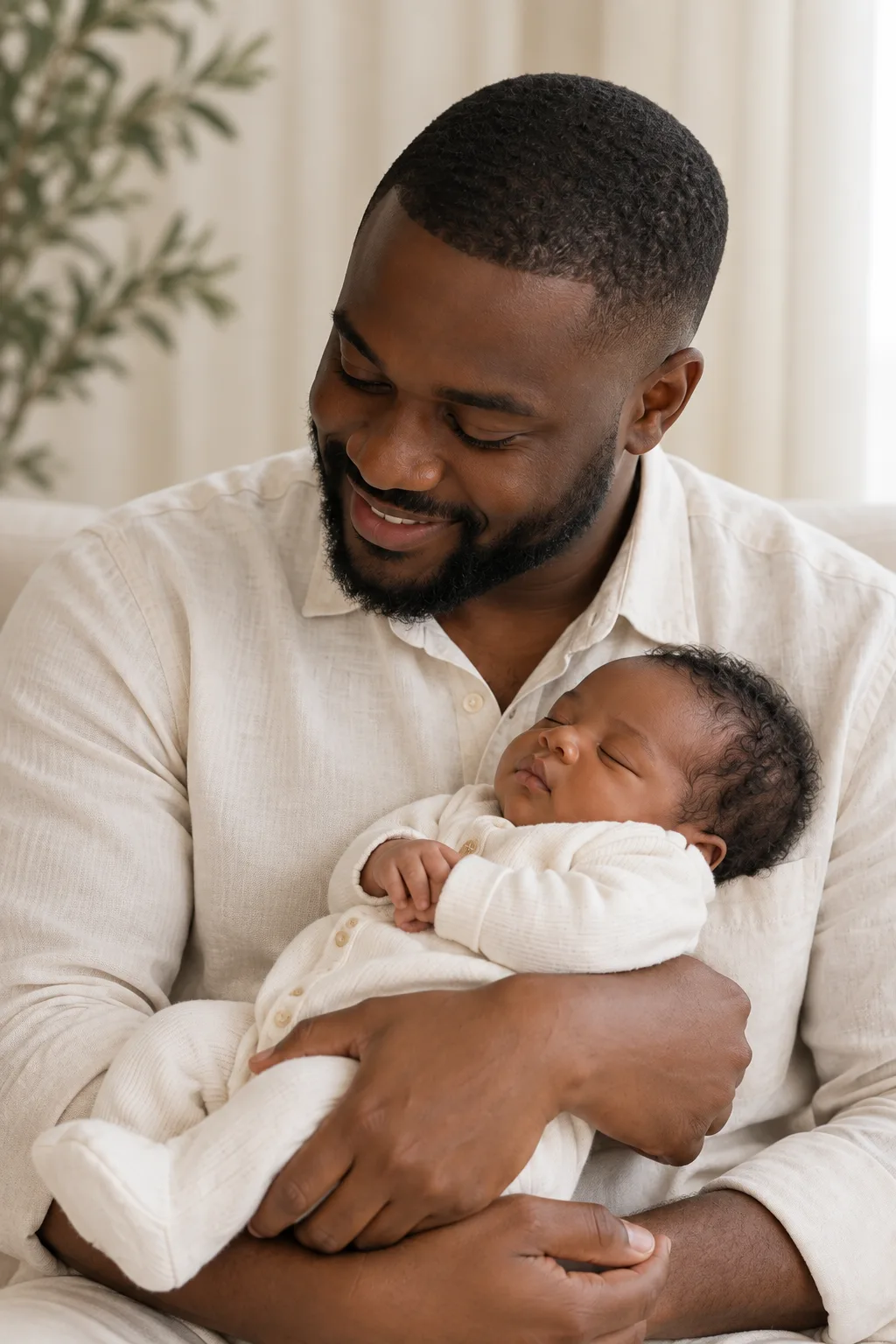 Kunle cradling his daughter, fictional sample photograph