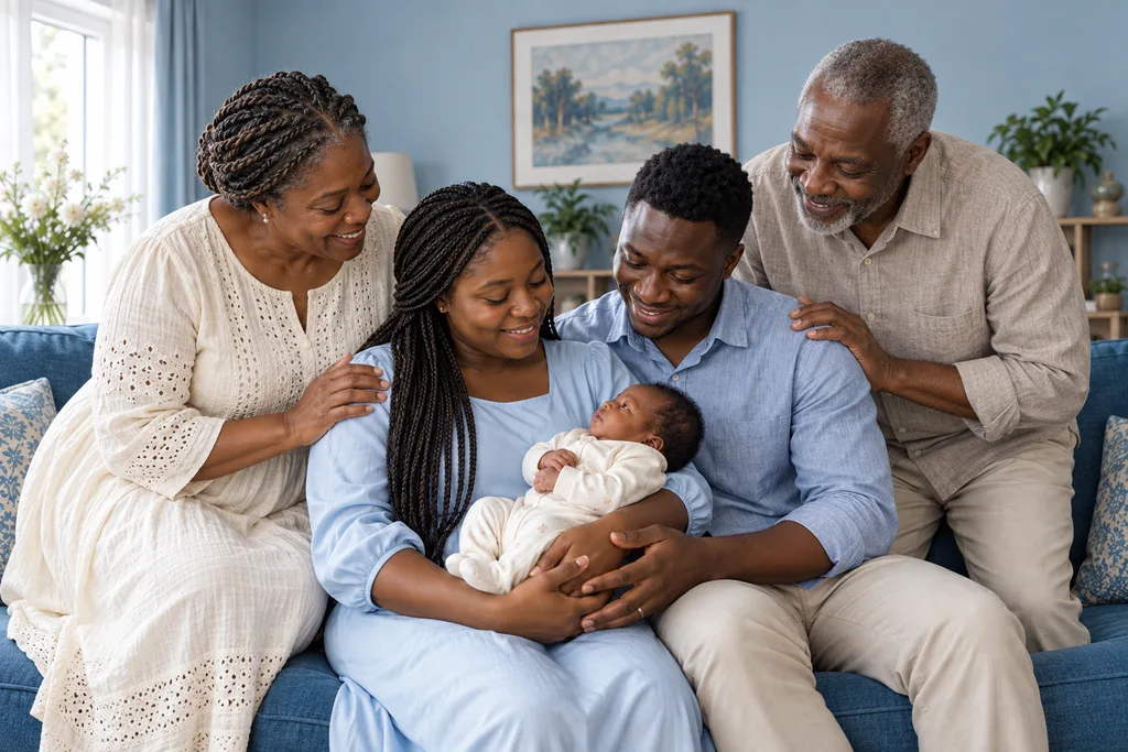 Chisom with his parents and grandparents, fictional sample photograph