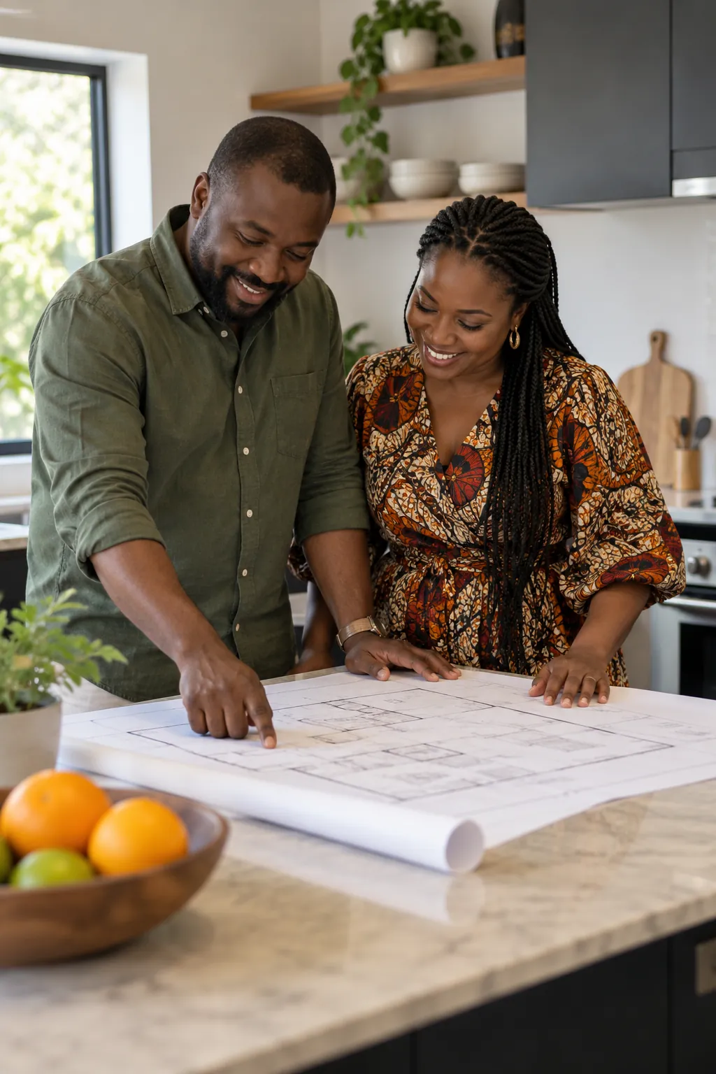 Kemi and Uche looking at the plans, fictional sample photograph