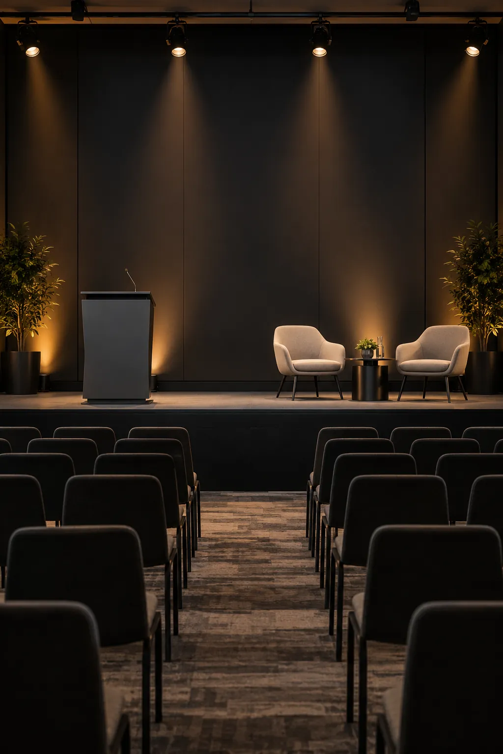 The forum stage set before the evening, fictional sample photograph