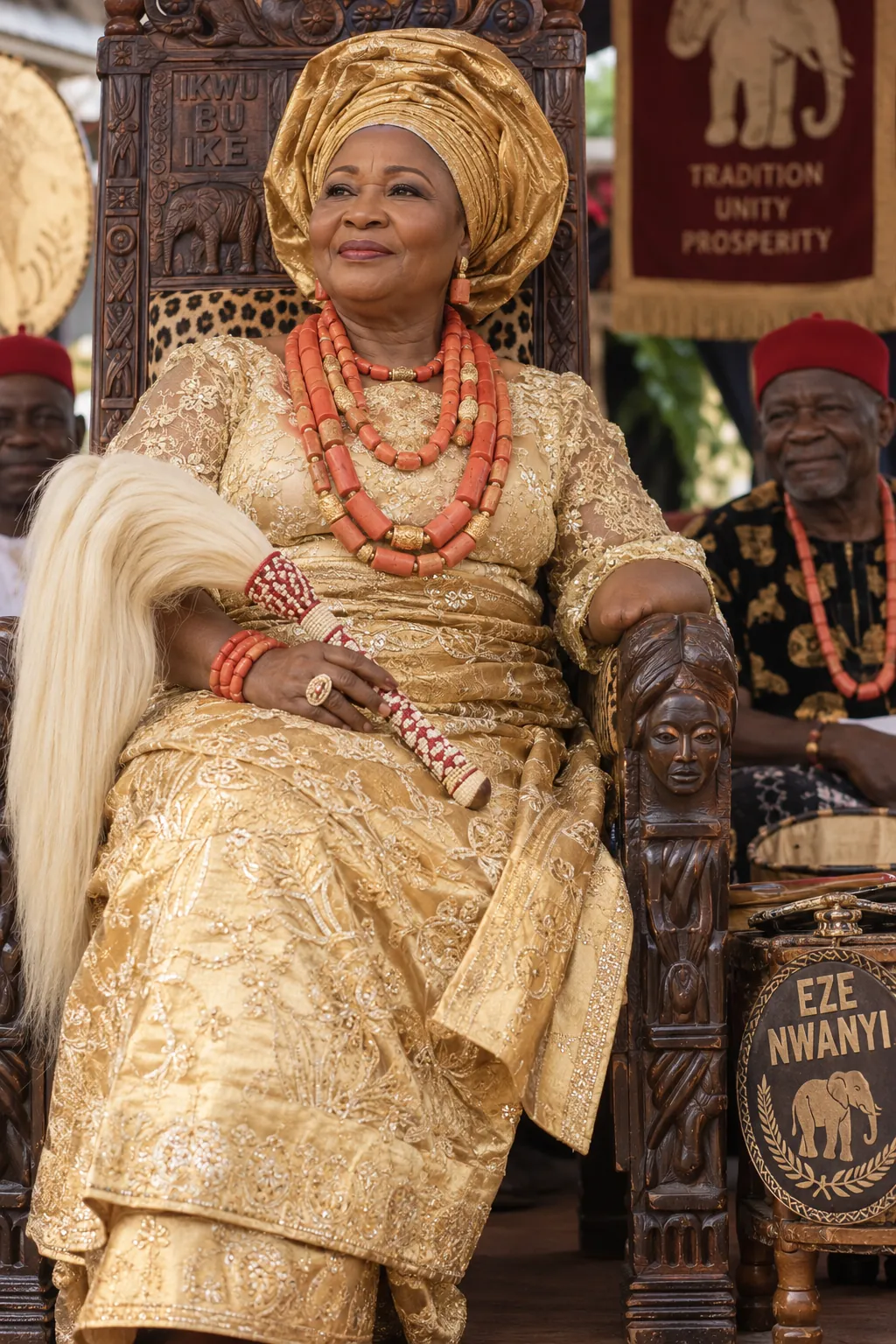 Chief (Mrs.) Ngozi Eze in gold george and coral beads, fictional sample photograph