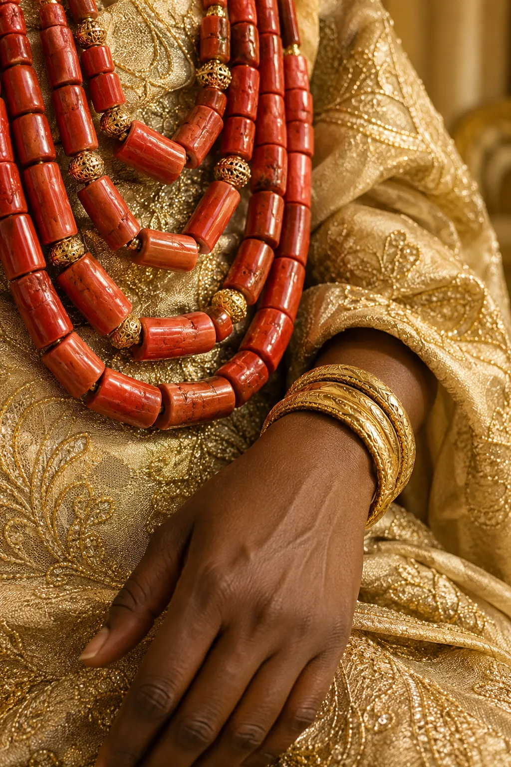 Coral beads on gold fabric, fictional sample photograph
