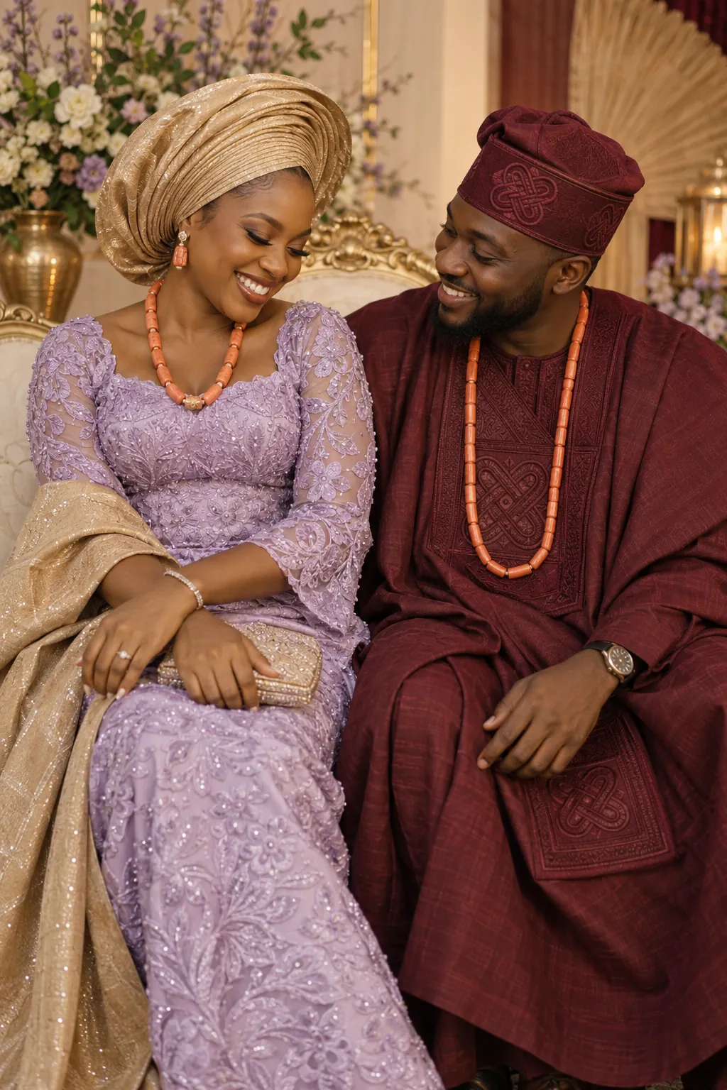 The couple in traditional engagement attire, fictional sample photograph