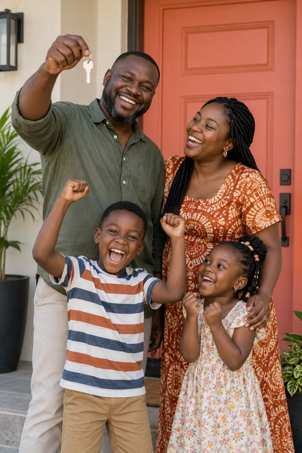 The Balogun family at their new coral front door, fictional sample photograph