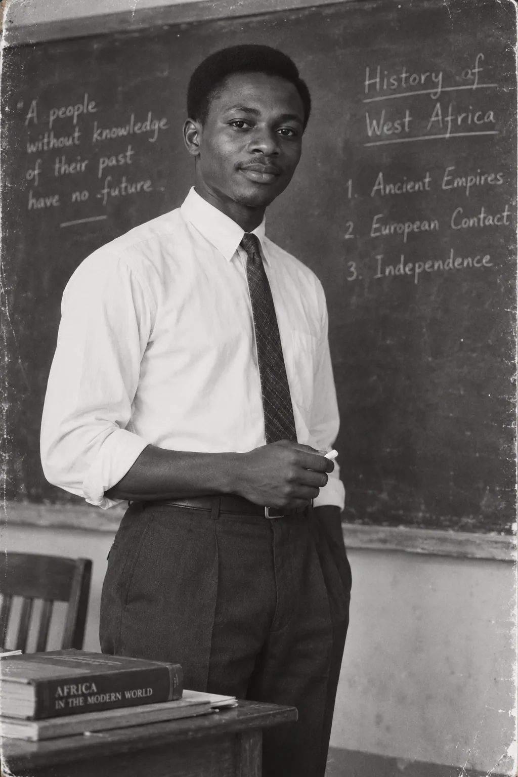 A young teacher in front of his first class, 1963, fictional sample photograph