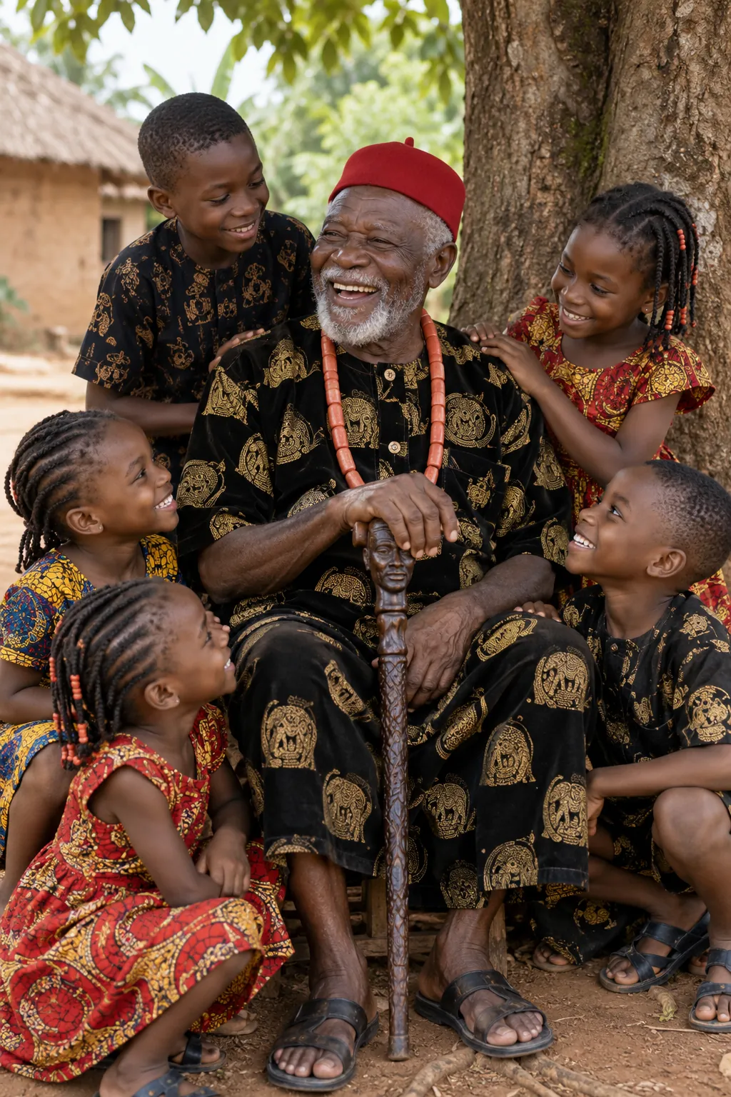 Surrounded by his grandchildren, 2025, fictional sample photograph