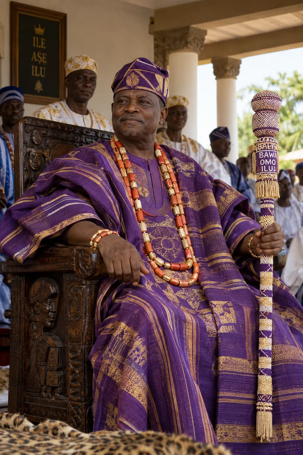 High Chief Adewale Ogunleye in purple and gold aso-oke, fictional sample photograph
