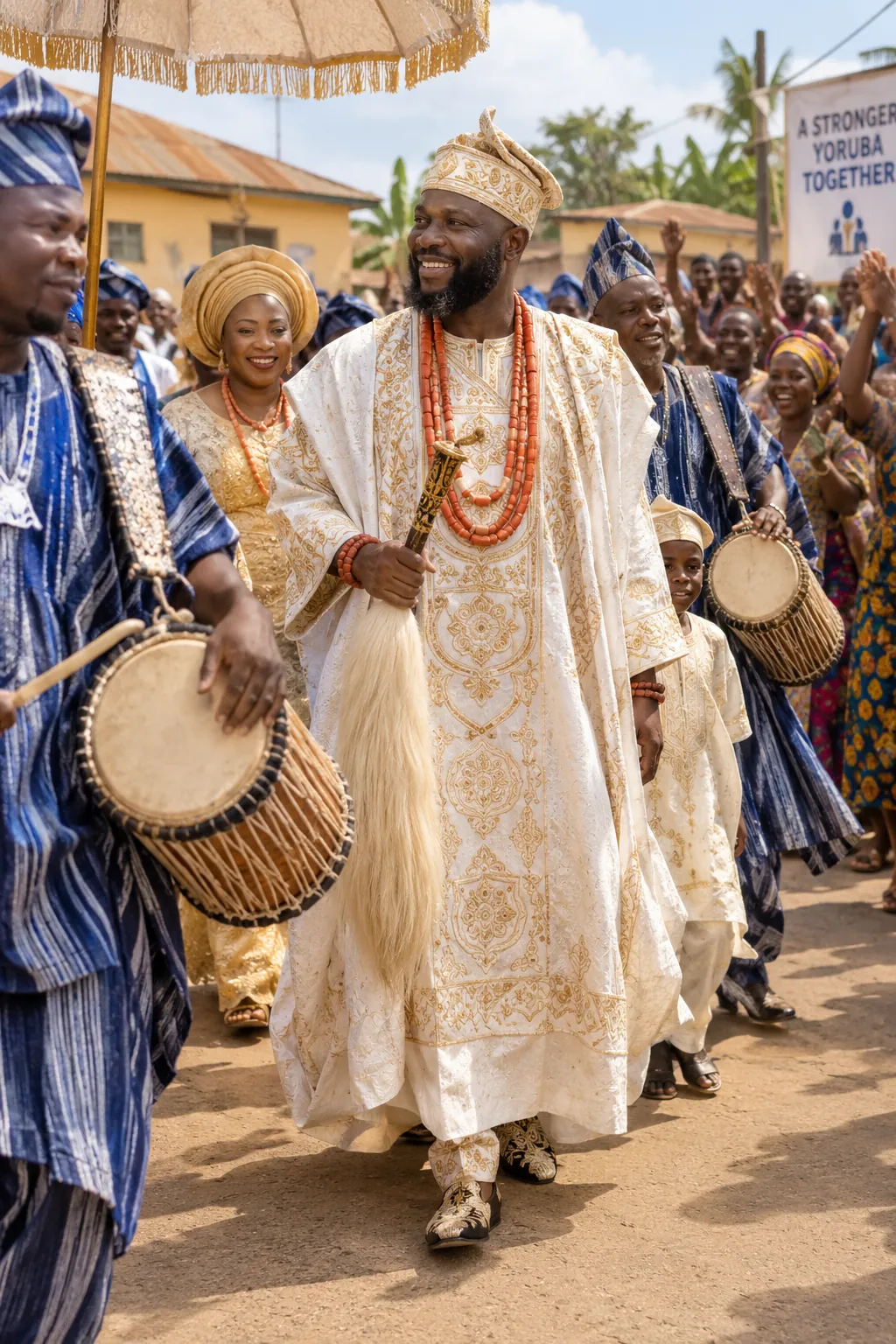 The chief in procession with talking drums, fictional sample photograph