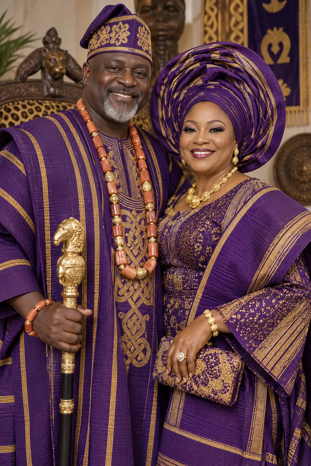 The chief and his wife in matching aso-oke, fictional sample photograph